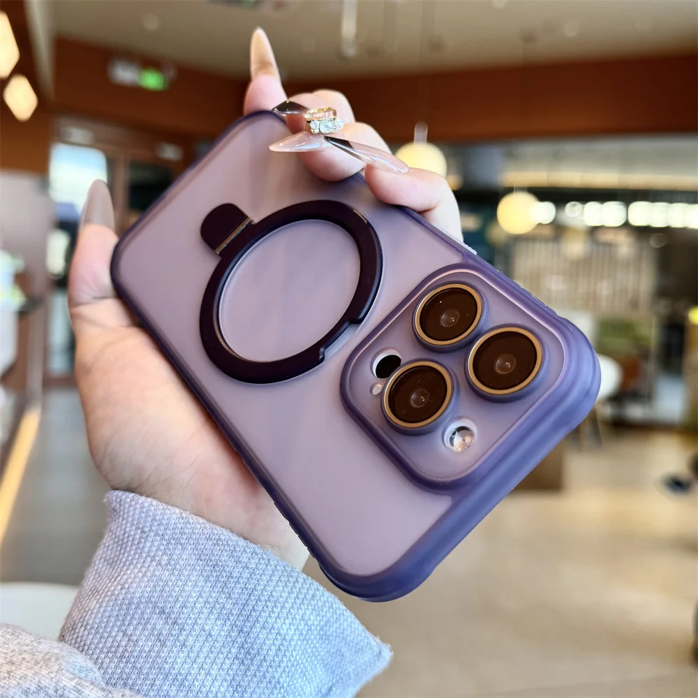 Luxury Matte Translucent Magnetic Ring Stand Phone Case with Lens Protection and Shockproof Design