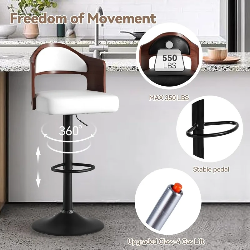 Swivel Bar Stools Set of 2 Seat Adjustable Height 24.5-33.5IN, Wooden Barstools PU Leather Upholstered Bar Chairs 5