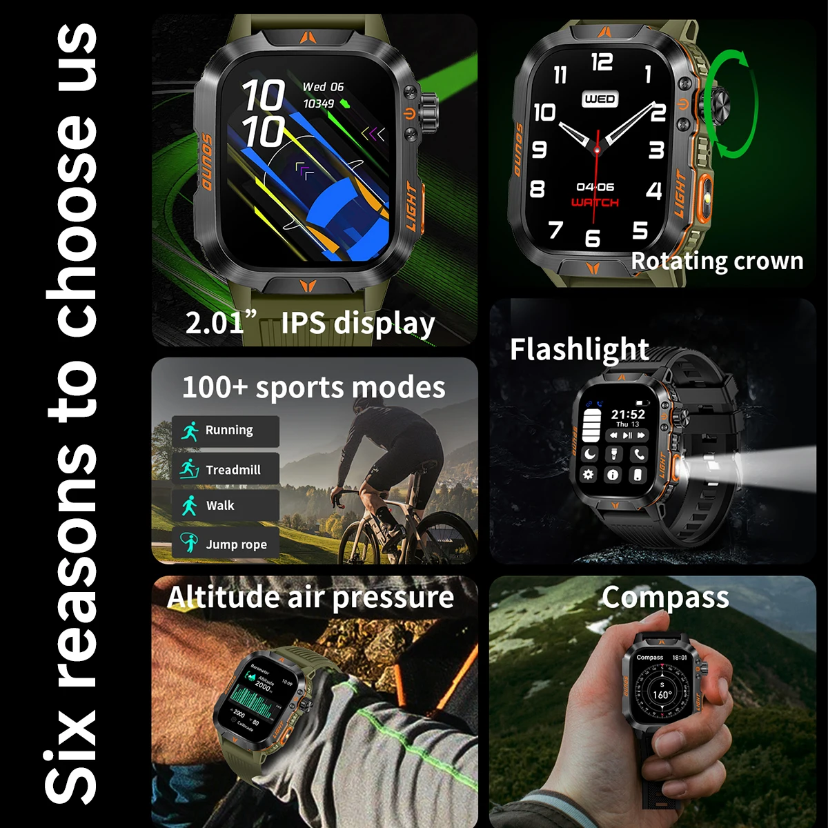2024 Smart Watch 2.01 Screen Outdoor Flashlight Compass IP68 Waterproof Wireless Calling 600mAh 100+Sport Mode 2