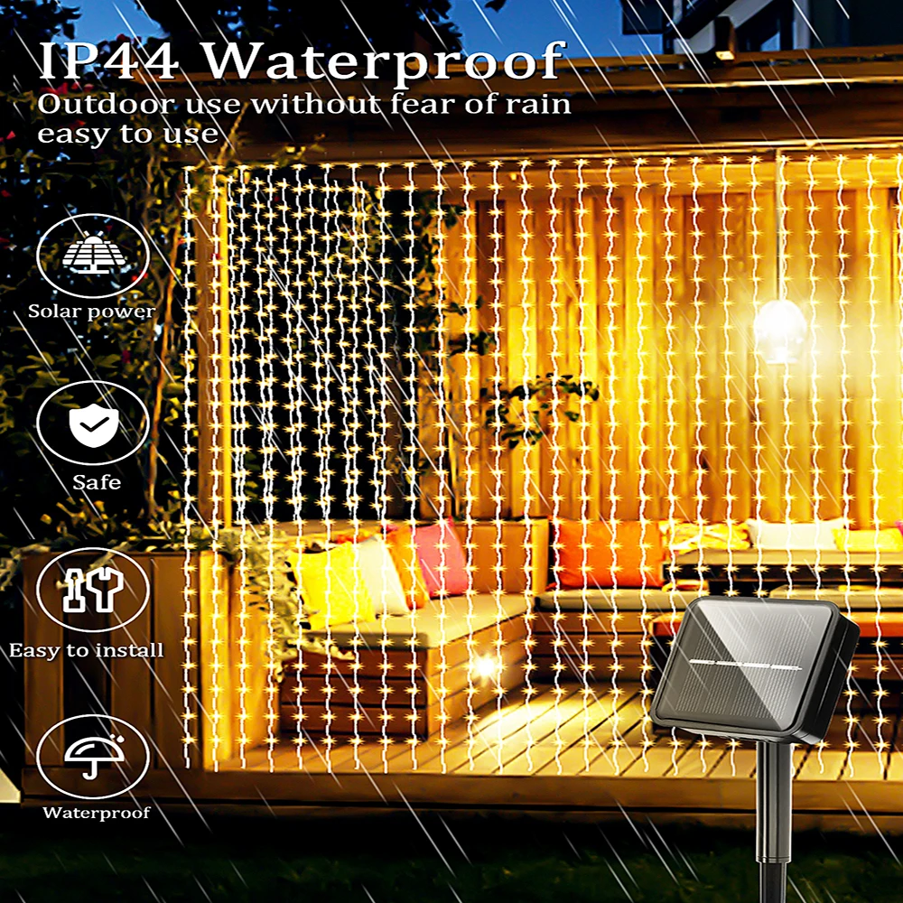 Decorative Lights Outdoor Solar Curtain 300LED Waterproof String Lights Garden Yard Pavilion Fairy Garland Holiday