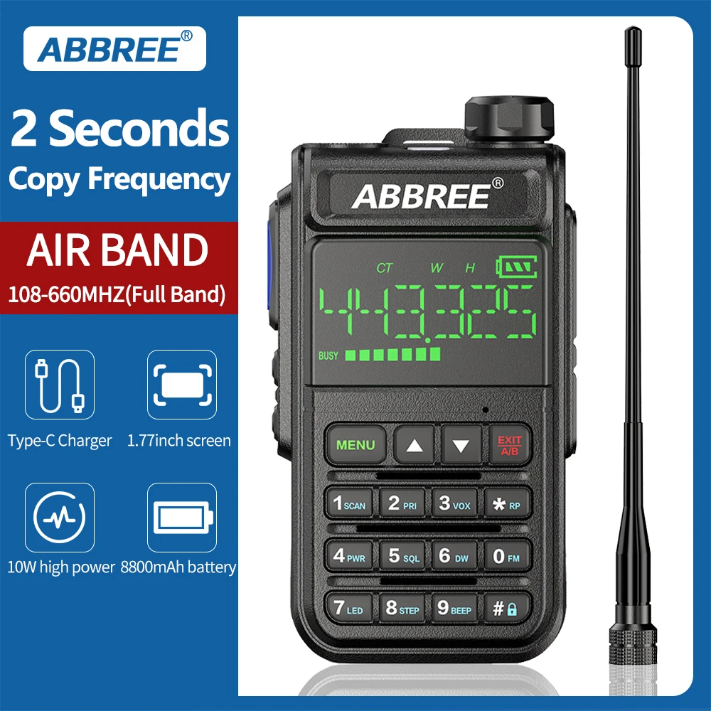 ABBREE AR-518 Walkie Talkie Automatic Wireless Copy Frequency 10W 108-660MHz Air Band 30KM USB Charging Baofeng UV-5R Radio |
