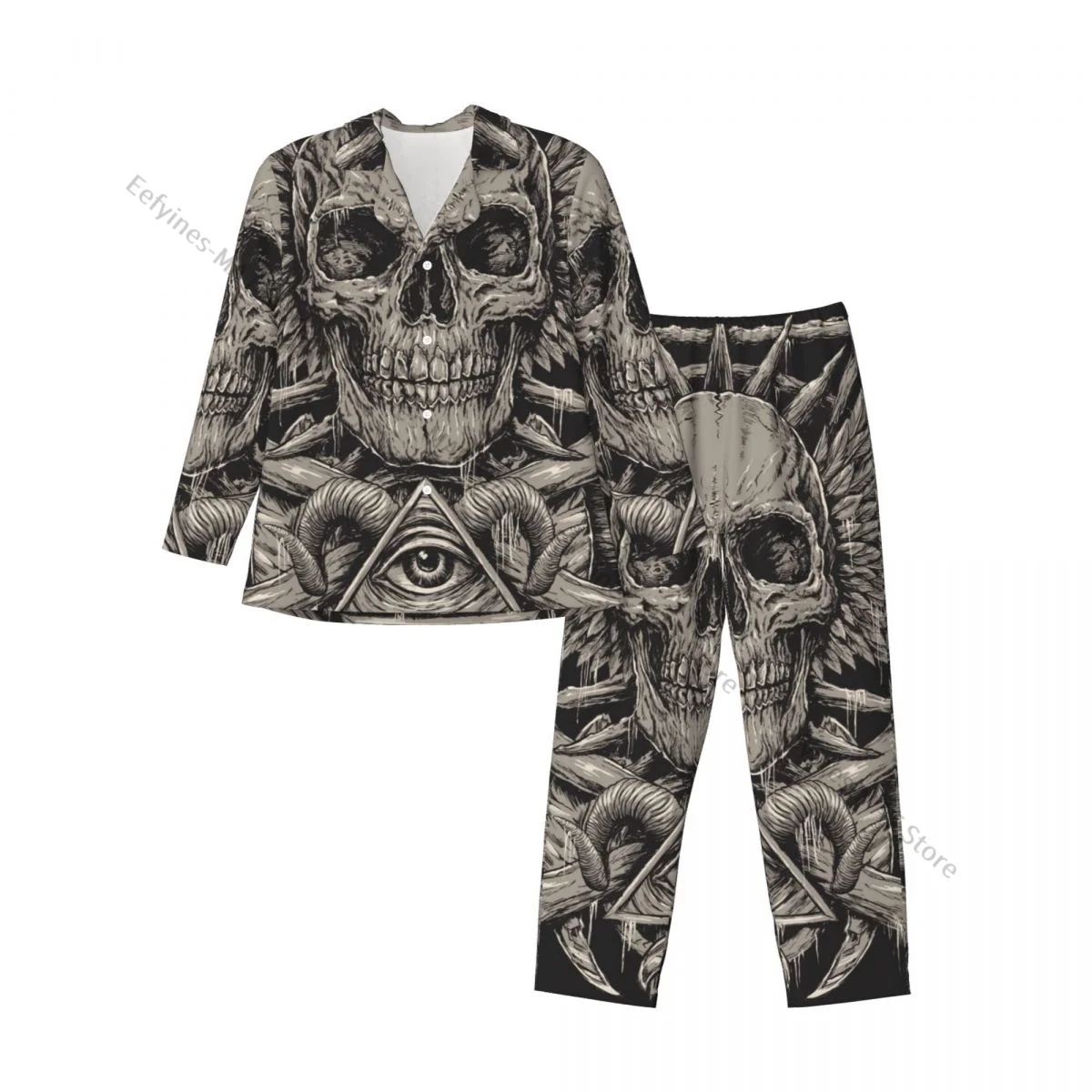 Mens Pajamas Sets Home Suits Heavy Metal Inspired Skull Sleepwear Loose Homewear Long-sleeved Casual Sets