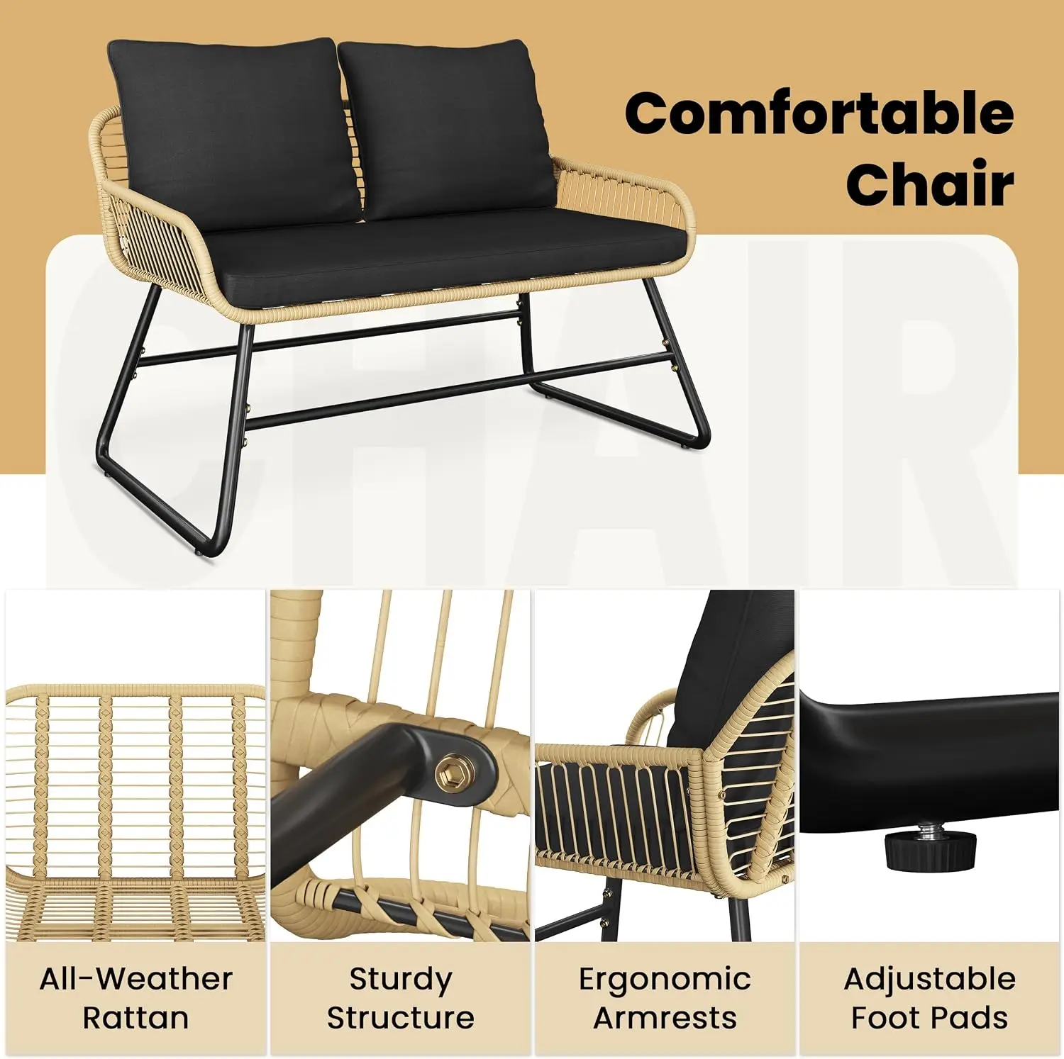 Nordic Boho Woven Rattan loveseat with black cushions on textured rug
