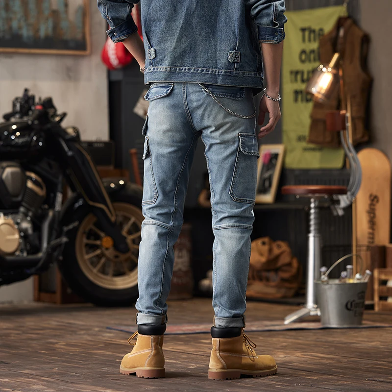 Retro Jeans Men's Fashion New High-End Trend Slim-Fitting Cool Large Pocket Stitching Motorcycle Skinny Trousers