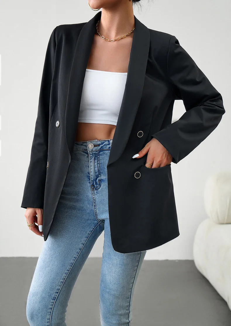 Tesco Solid Color Women Blazer Loose Shawl Lapels Office Lady Coat Double Breasted Full Sleeve Female Clothing blazer mujer