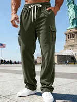 Pantalon de travail homme en velours côtelé, coupe large, multi-poches, avec taille élastique et cordon de serrage pour un ajustement décontracté, style streetwear sport. 1
