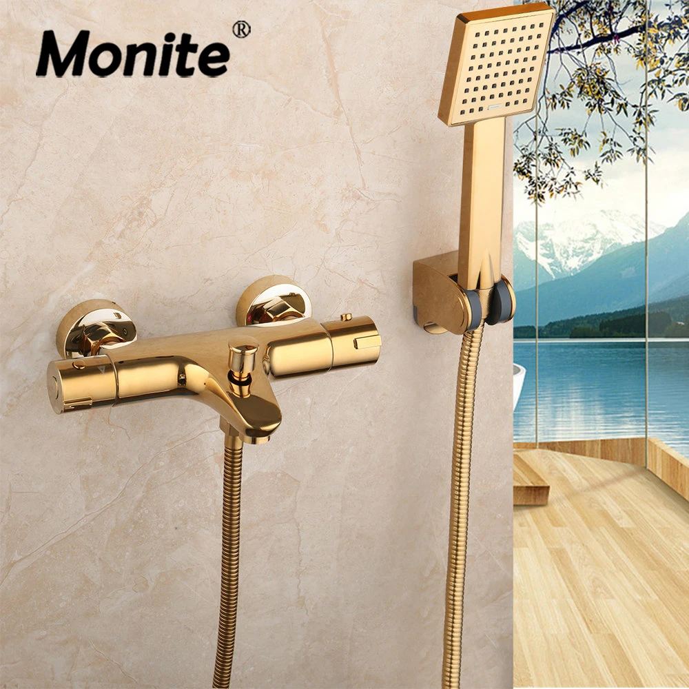 Monite Thermostat-Duschset Mit Regenfall-Handbrause, Wandmontage, Vergoldet, Für Badezimmer, Badewanne, Dusche, Wasserhahn