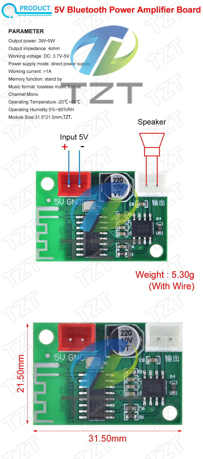 TZT 1/3 Stück 5V Bluetooth-5.0 Verstärkermodul 5W Mono Klasse D Musikplayer Digitaler Leistungsverstärker Fertige Platine – Detail 1