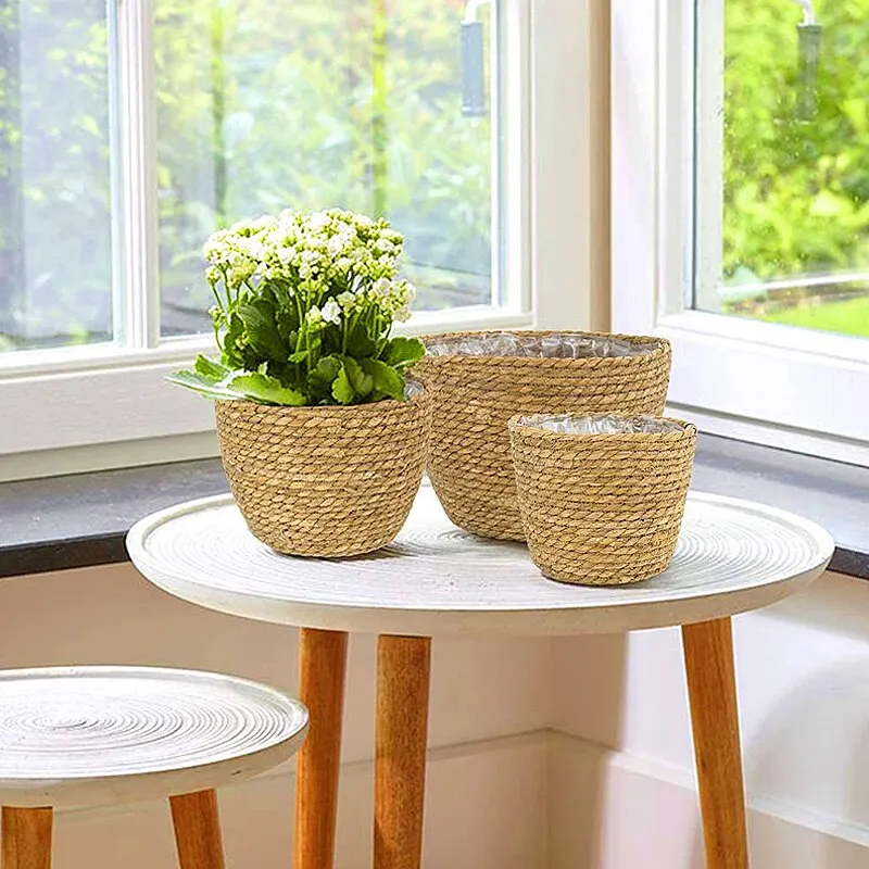 Handmade Woven Planter Basket Laundry Storage Decorative Basket Straw Wicker Rattan Seagrass Garden Flower Pot Storage Basket 2