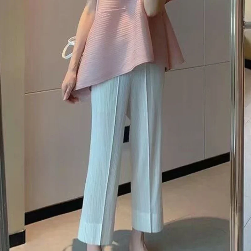 2024 Summer New Casual Fashion Pleated Irregular Loose All-match Short Sleeve T-shirt Tee Women Elegant White Pants Black Skirts