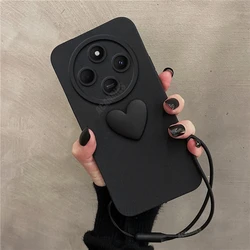 Cute 3D Love Heart Silicone Phone Case with Lanyard Wrist Strap Cover for RedmiNote12 Pro Plus (AXSS Black)