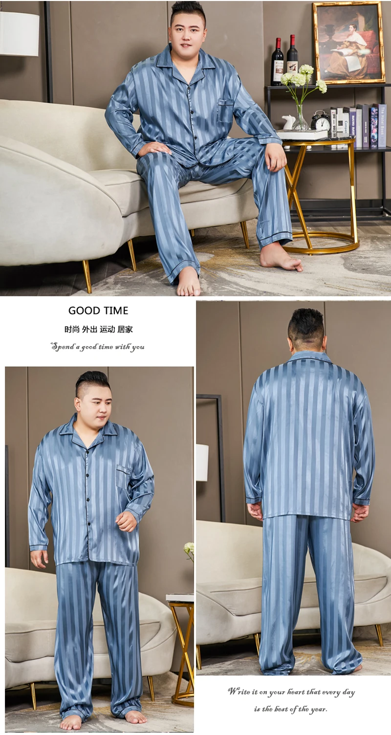 3XL-5XL Big Size 150KG Striped Satin Pajamas Set Men Autumn Spring Long Sleeve Blouse and Pants Slik Night Wears for Man Pijama
