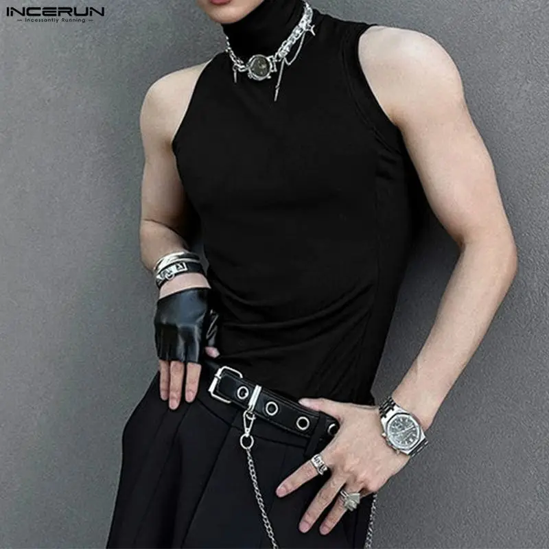 INCERUN Men Tank Tops Solid Color Turtleneck Sleeveless Male Vests Streetwear Summer 2026 Knitted Fashion Casual Men Clothing