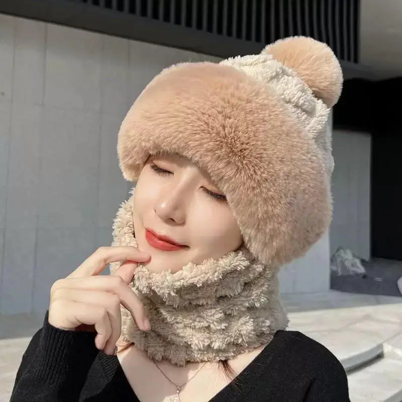 Winter Scarf Set Hooded Hat Set Women Thick Plush Neck Warm Outdoor Skiing Caps Windproof Plush Hat Plush Fluffy Beanies