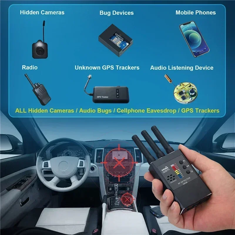 Anti Spy Candid Wireless RF Signal Detector Bug GSM GPS Tracker Hidden Camera Eavesdropping Device Military Professional Version
