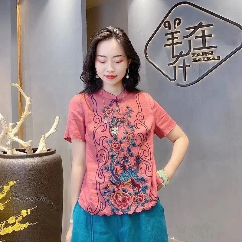 Retro Embroidery Cotton Linen Chinese Traditional Women's Vest Chinese Style Pullover Ladies Summer Exquisite Stand Collar Top Women Chinese Shirt Women Cheongsam Waistcoat
