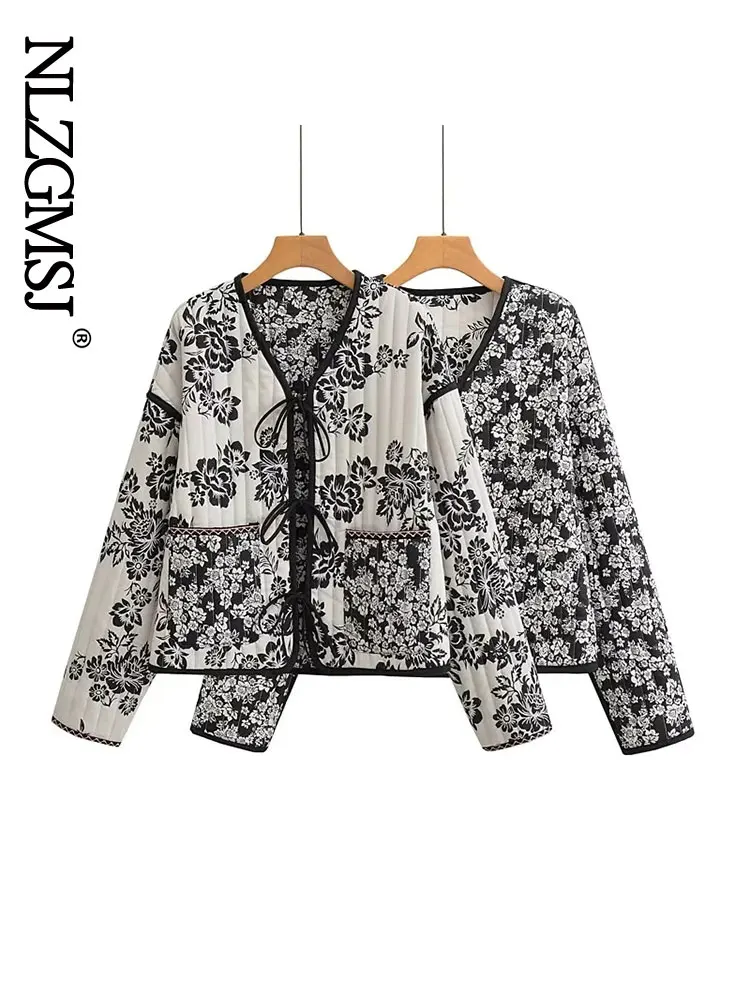 

Женская модная стеганая куртка с принтом Nlzgmsj 2023, Женская Зимняя Теплая стеганая куртка в стиле ретро с V-образным вырезом и галстуком, Женская шикарная Двусторонняя Куртка