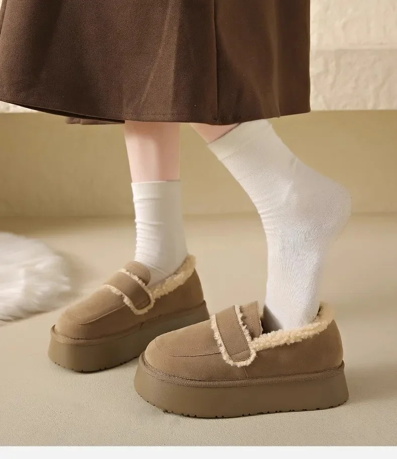 Women's Thick Soled Snow Boots Autumn Winter Plush Boken Shoes Retro Height Increasing Warm Anti Slip Cotton Shoes Loafers