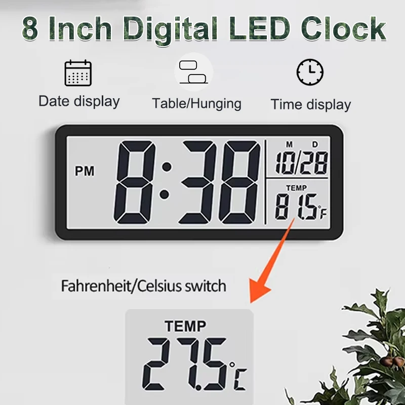 Digital Wall Clock Digital Display Clock Battery Powered LCD Digital Wall Clock Time Week Date & Temp Display Desktop Table Clock 12/24H LCD for Bedroom Home Decor