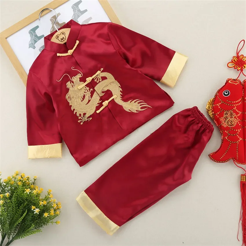 

Chinese New Year Style Kdis Costume Jacket Pants Tang Suit Kung Fu Uniform Hanfu Festival Outfits Children Traditional Clothing