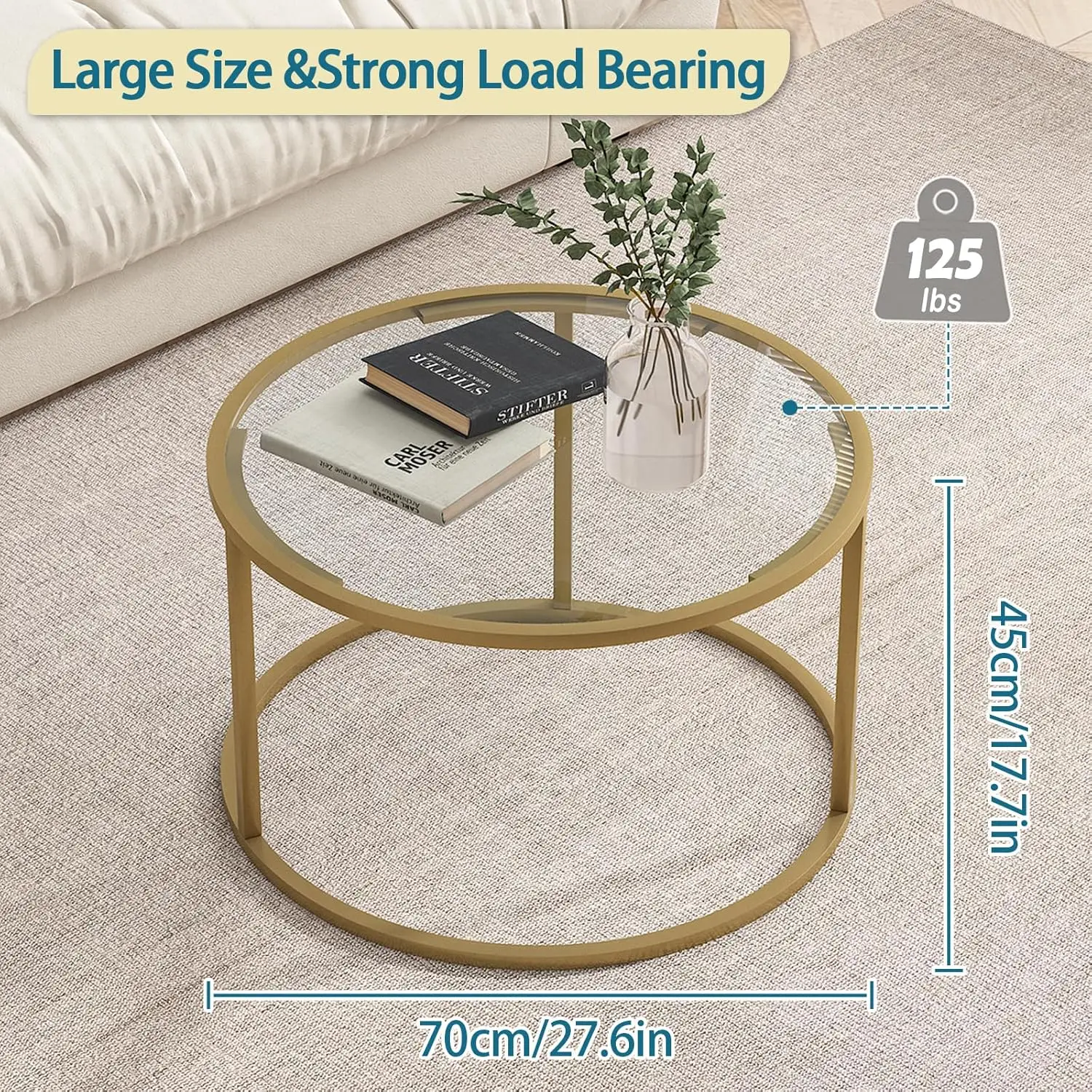 Glass Coffee Table,Round Gold Coffee Table for Small Space,27" Modern Center Table,Glass Top Clear Coffee Table 2
