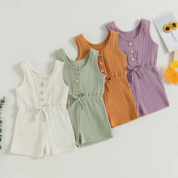 Summer Baby Girl Outfit Ribbed Tank Top Infant Baby Jumpsuit Button Down Toddler Girl Rompers Clothing 0-5T 1