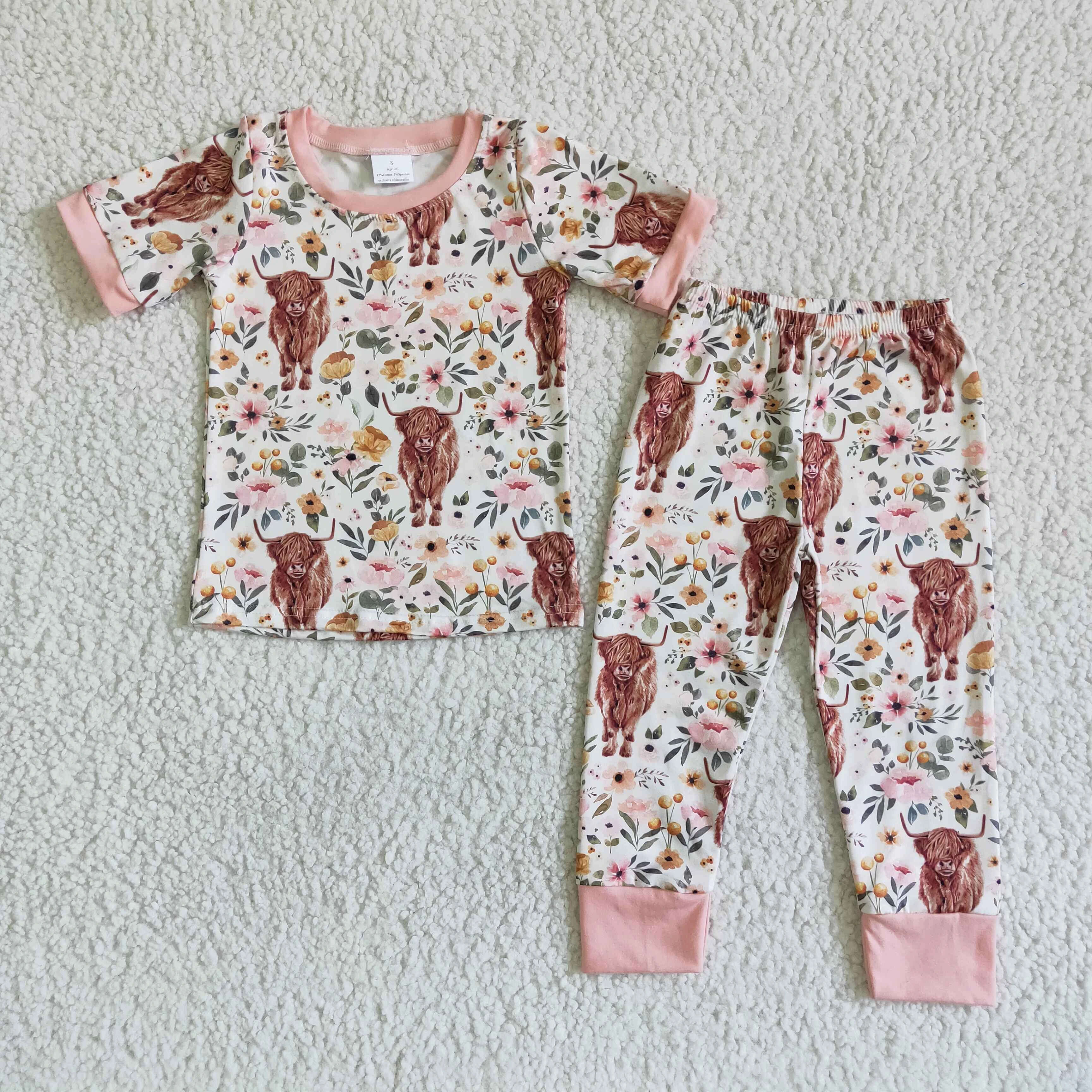 Wholesale kids pajamas cow western design flower floral sleepwear girls kids custom pajamas pink