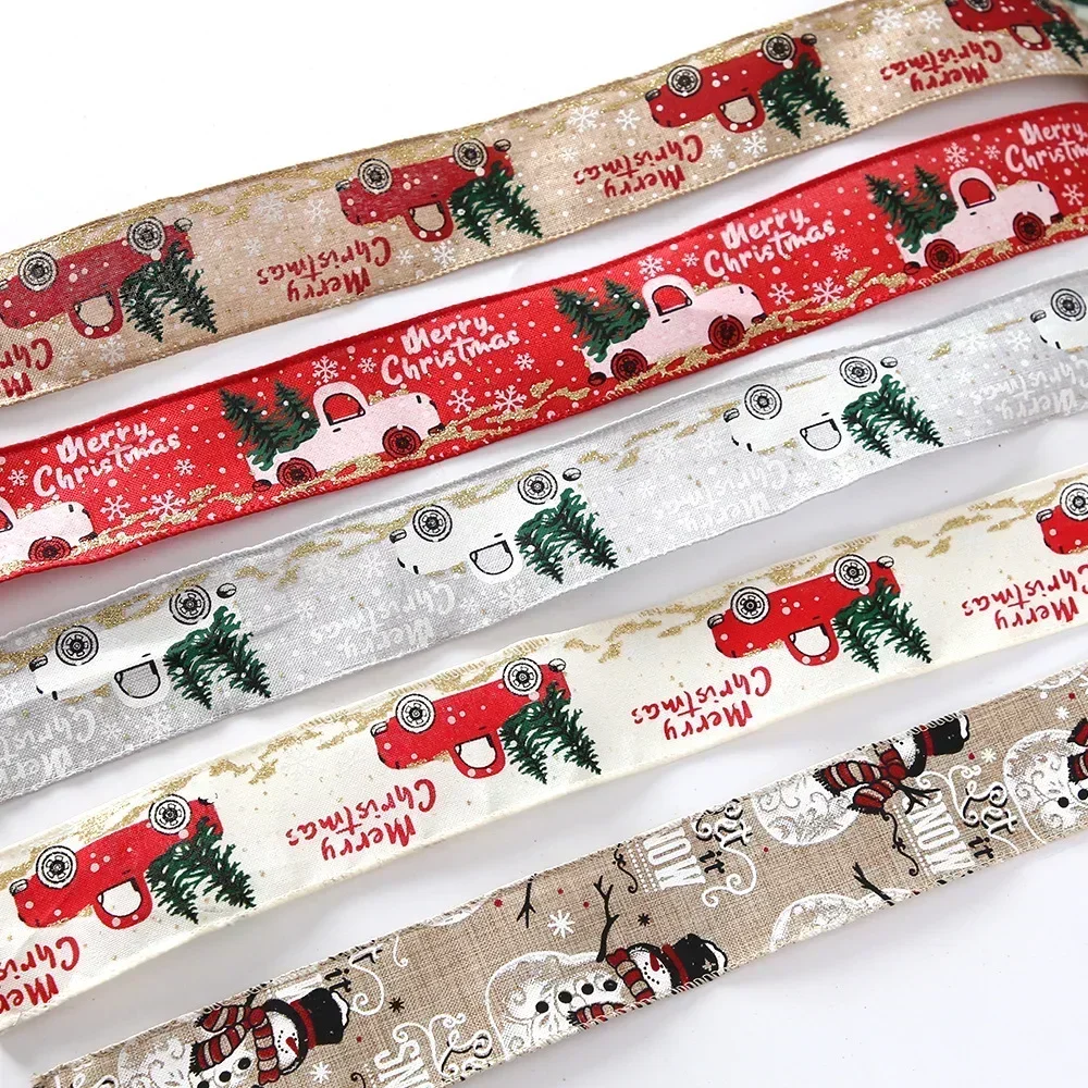 Christmas Wired Ribbons 2m Buffalo Plaid Ribbons Vintage Truck Trees Wired Edge Ribbon for Xmas DIY Wrapping Floral Craft