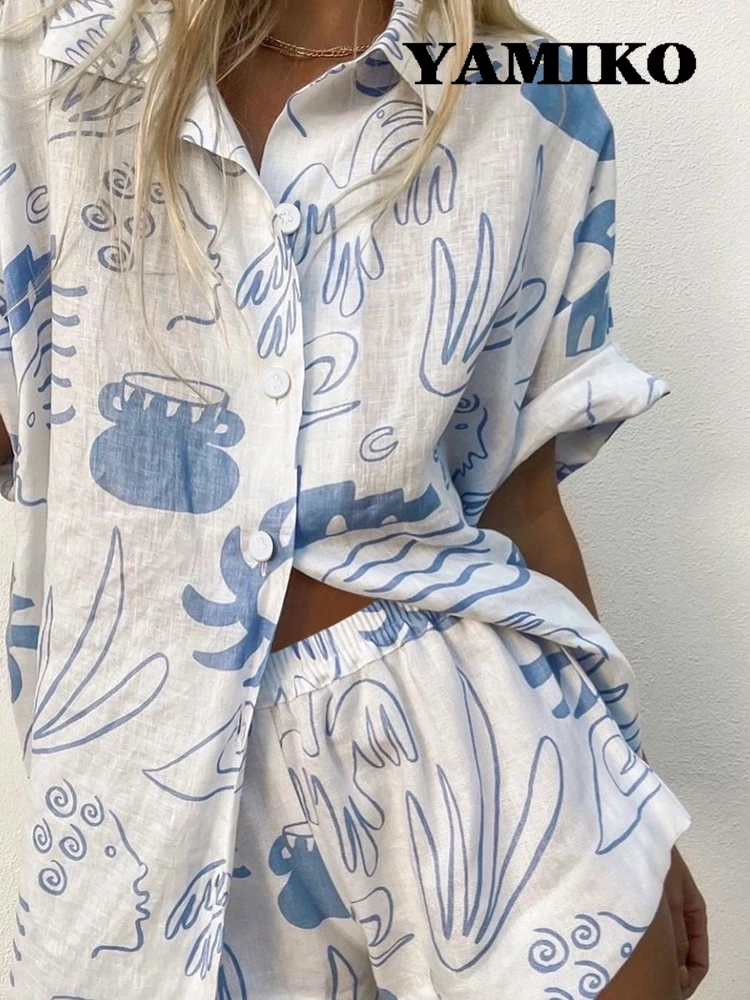 

Printed Casual Shorts Sets Woman Turn Down Collar Short Sleeve Shirts Elastic Waist Short Pants Set Vintage Fashion Female Suits
