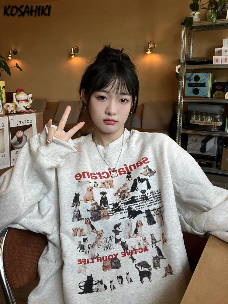

Vintage Sudaderas Para Mujer O-neck Sweatshirt Women Cute Cartoon Animal Print Hoodie Casual Loose Streetwear Moletom