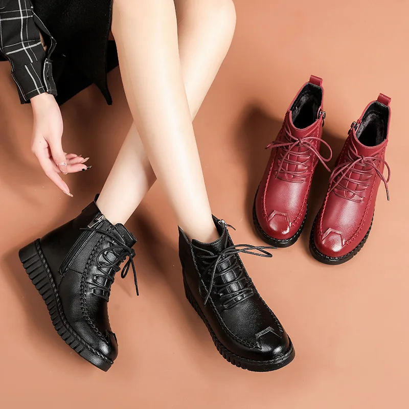 

2023 Autumn Winter Fashion Soft Leather Comfortable Women's Ankle Boots Woman Lace Up Warm Fur Snow Boots Women Shoes