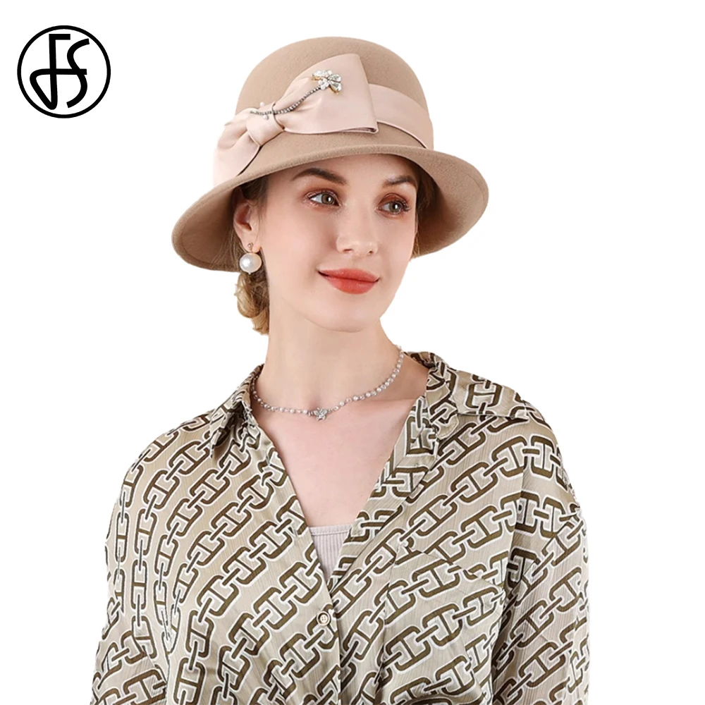 

FS Curl Brim Bucket Hats For Women With Bow Autumn Winter Camel Bowler Cap Ladies Fashion Wedding Church Wool Fedoras 2024