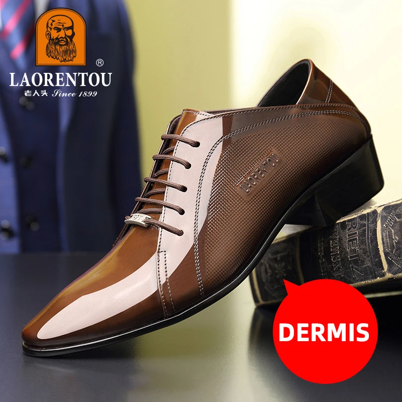 LAORENTOU layer cowhide breathable business dress leather shoes with lace up middle heel Derby groom's wedding shoes 2 mens leather dress shoes