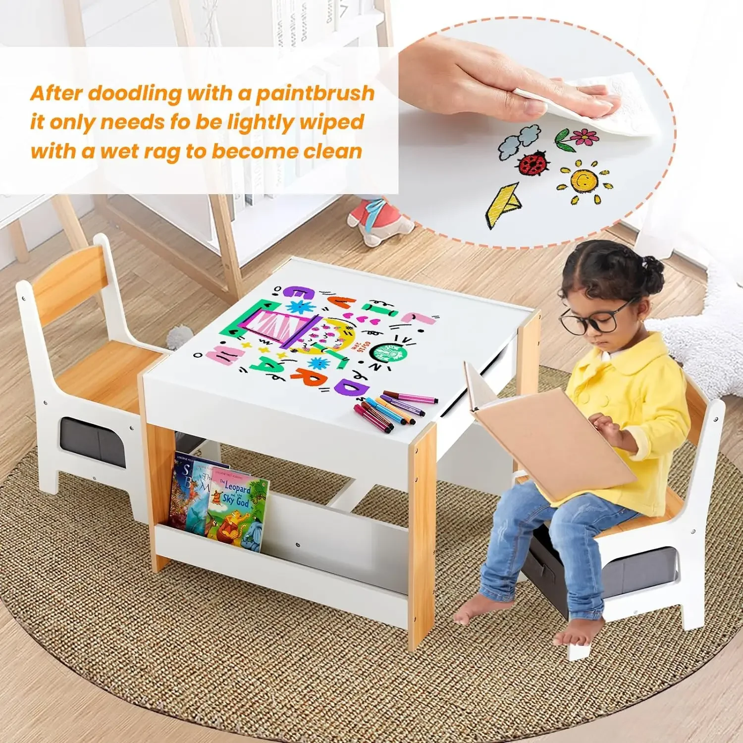 Kids Table and Chair Set,4 in 1 Toddler Desk with Storage Drawer,Wooden Activity Table for 2 in 1 Detachable Tabletop,Bo 5