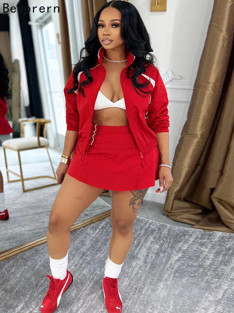 Beyprern Red Sporty 2 Piece Set Women 2026 New Casual Zip Up Jacket and Mini Skirt Matching Set Streetwear Athleisure Outfits 1