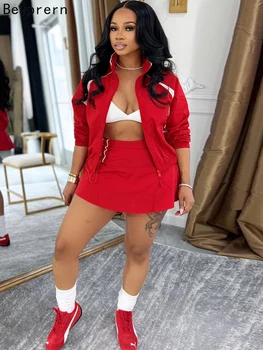 Beyprern Red Sporty 2 Piece Set Women 2026 New Casual Zip Up Jacket and Mini Skirt Matching Set Streetwear Athleisure Outfits 1