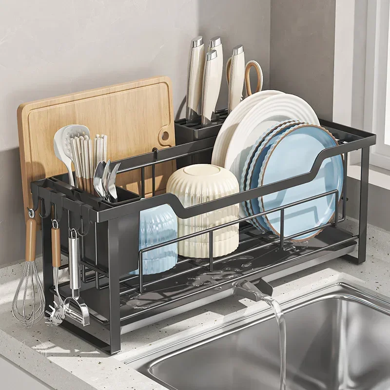 Compact Dish Storage Rack Space-Saving Kitchen Organizer with Drain Tray for Plates Utensils Cups Countertop Dish Drainer