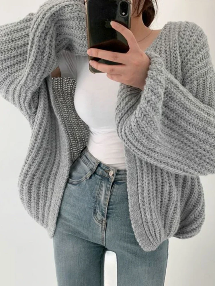 

Harajuku Lantern Sleeve Women Sweater Casual V-neck Korean Fashion Tops Cardigan Fall Streetwear Coat Chic Lazy Cropped Sweater