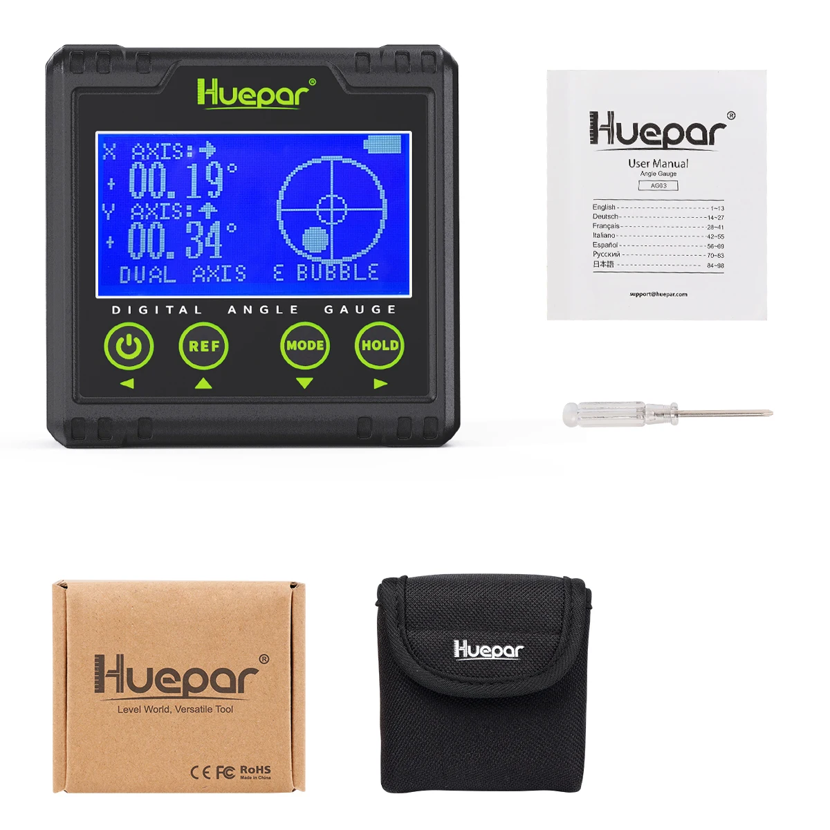 Huepar Digital Angle Gauge Electronic LCD Inclinometer Bevel 360&deg; Measuring Protractor Magnetic Base Audible Alert AG03