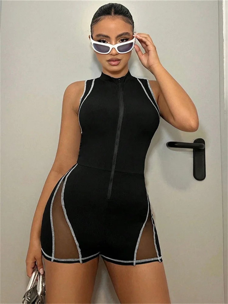 

WJFZQM Women Striped See Through Zip-up O-neck Sheath Fit Rompers Female Casual Summer One Piece Sexy Mesh Patchwork Playsuits