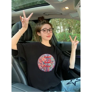 Embroidery Crops Top Short Sleeve Crewneck Loose T-shirt Summer Casual Tee For Women Y2k Chinese Style Geometric Top Streetwear