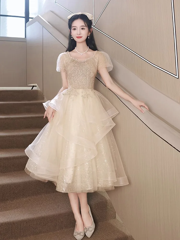 

Вечернее платье цвета шампанского с V-образным вырезом, красивые платья с аппликацией из бисера, элегантное платье принцессы с буффами на рукавах, платье для девушек