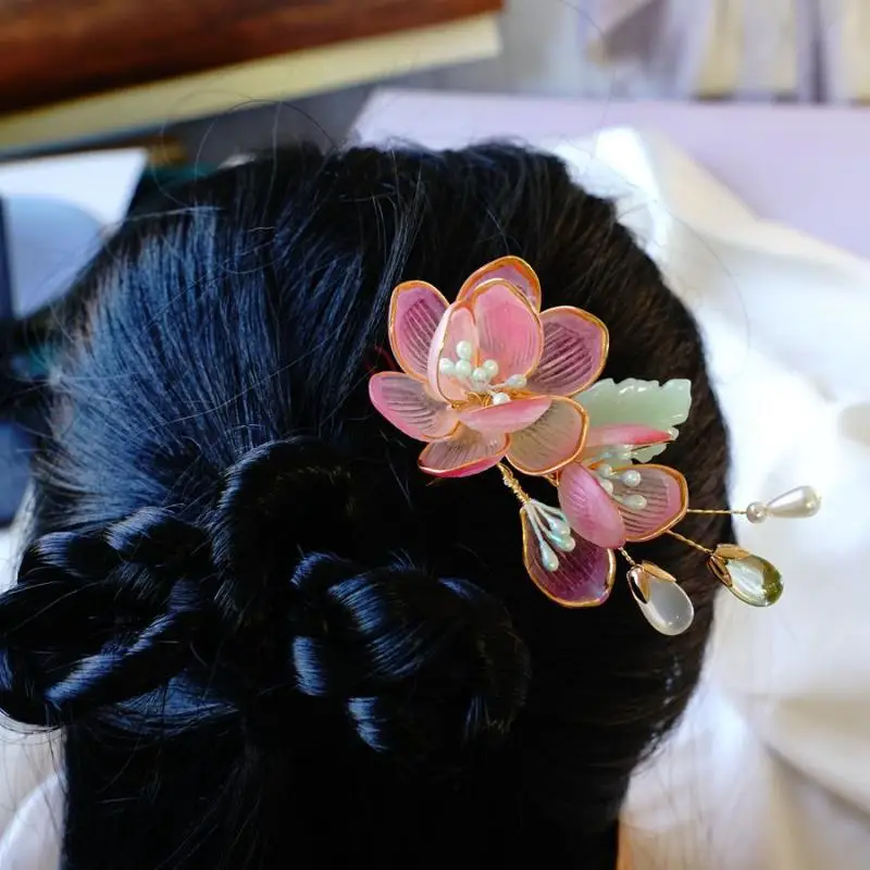 

2021 new popular lotus hair insert, girl's heart ancient ornament headdress, Hanfu cheongsam performance glass jewelry