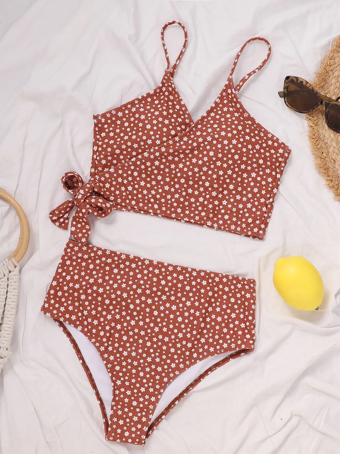 Women's green polka dot bikini swimsuit stretch material