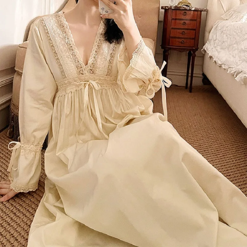 Camisones de algodón con bordado Vintage mujer, camisones de manga larga de encaje Beige, elegantes, cómodos y sexys, vestido de noche _ - AliExpress Mobile