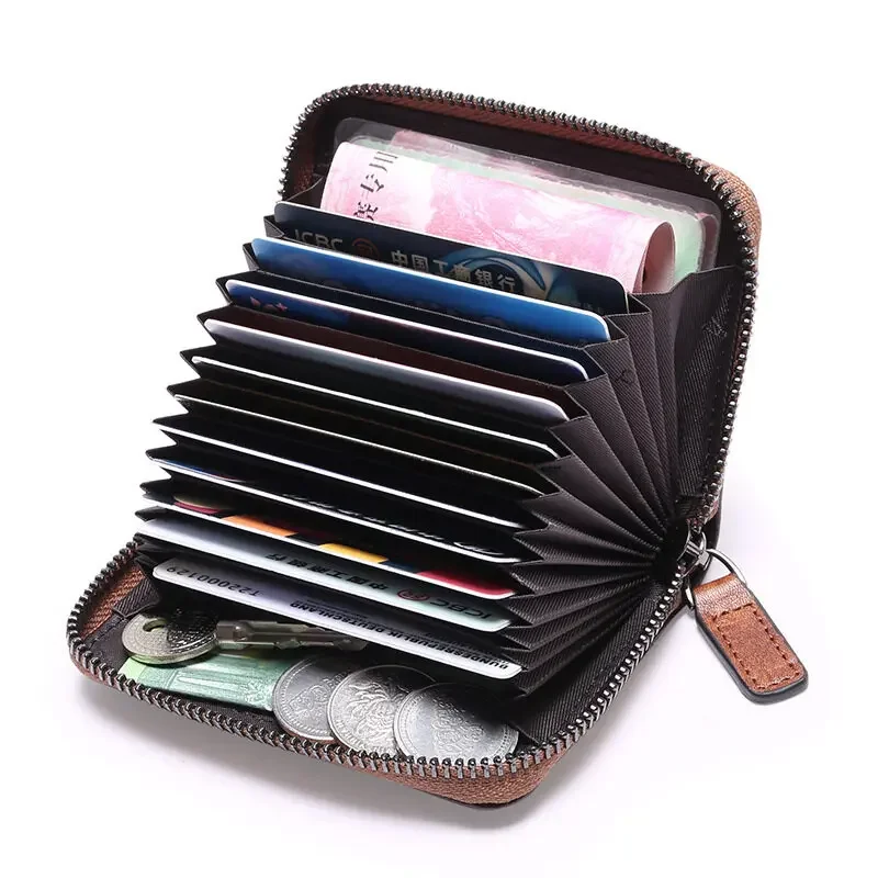 Card Slots Bank Credit Card Holder Zipper Wallet Cowhide Leather RFID Purse Wallet for Men 12