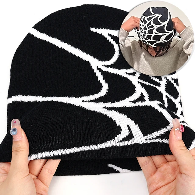Goth Spider Web Jacquard Beanie Caps Y2K Vintage Knitted Warm Hip Hop Unisex Slouchy Elastic Knit Hat Skull Cap For Women Men 1