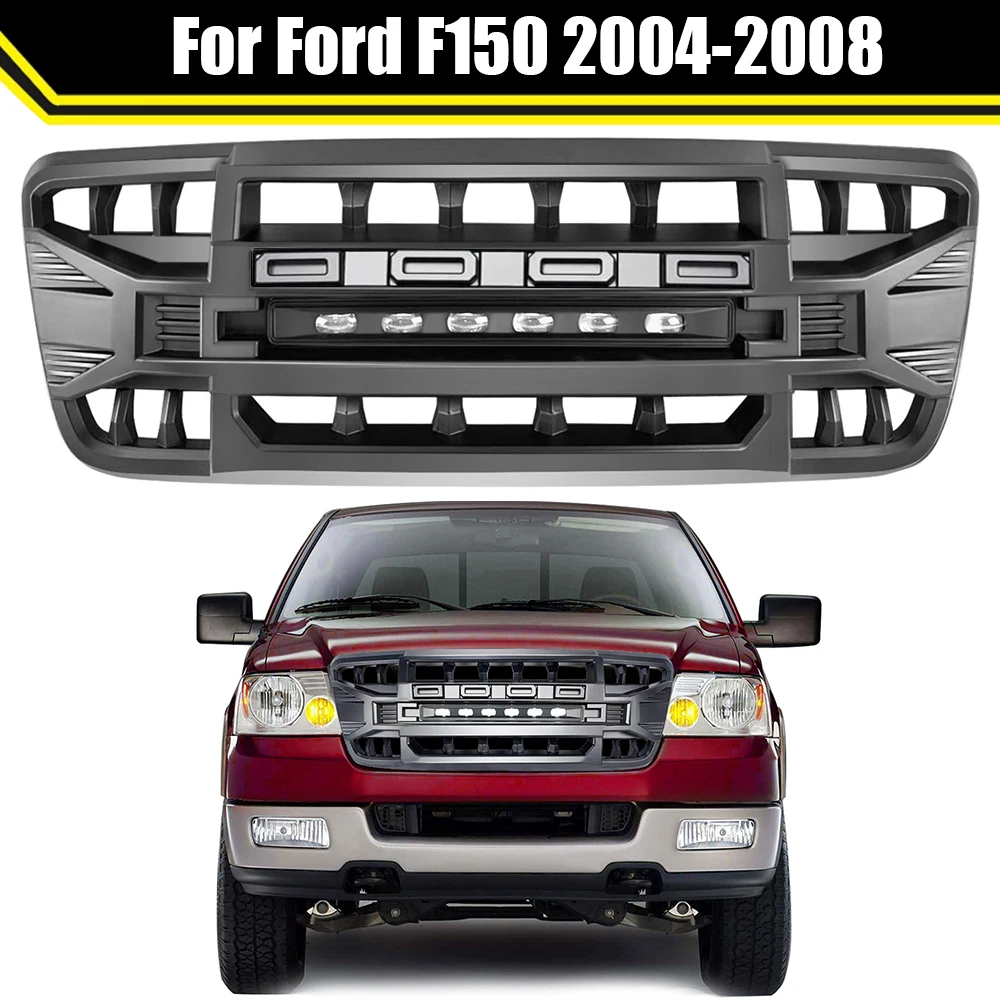

With Led Grille For Ford F150 2004-2008 Letter Detachable ABS Front Bumper Mesh Cover Guard Grid Racing Grills Car Accessories
