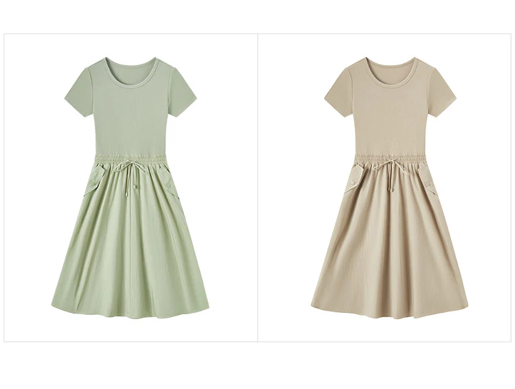 Dress Women Slim-Fit Waist-Cinching Dress Summer New Fake Two-Piece Round Neck Midi Versatile Dress