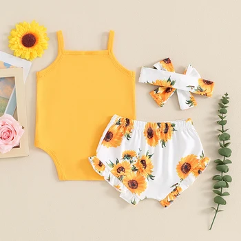 2024-03-09 Lioraitiin 0-18M Cute Baby Girls Summer Clothes Set Sleeveless Letter Print Romper+Frill Trim Flower Shorts+Headband 5